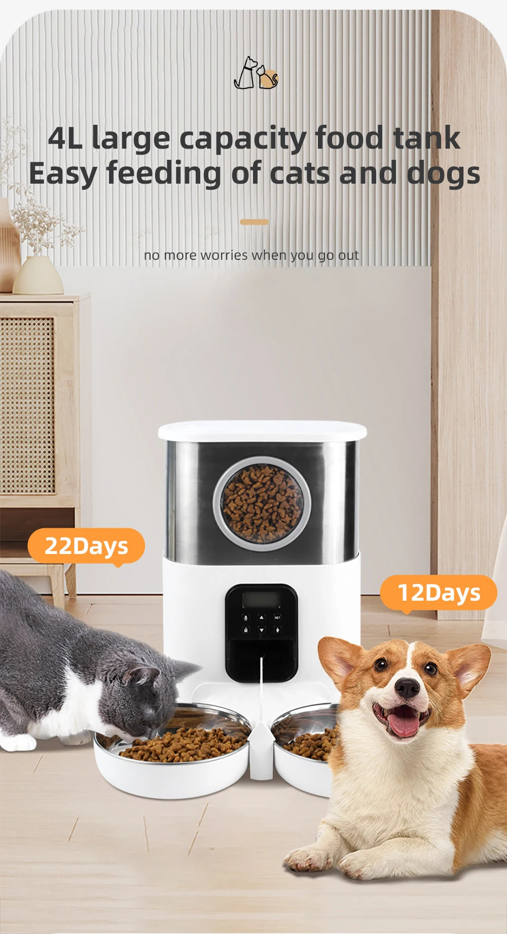 5L Stainless Steel Double Bowl Automatic Pet Feeder Food Dispenser - ozonlineshopper
