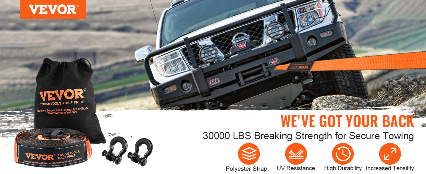 Off-Road Winch Recovery Kit W/30,000 lbs Capacity Polyester Tow Strap D-Ring Shackles Storage Bag - ozonlineshopper